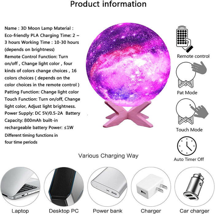3D Printing Galaxy Lamp Moonlight USB LED Night Lunar Light Touch Color Changing Moon Lamp - Livefree