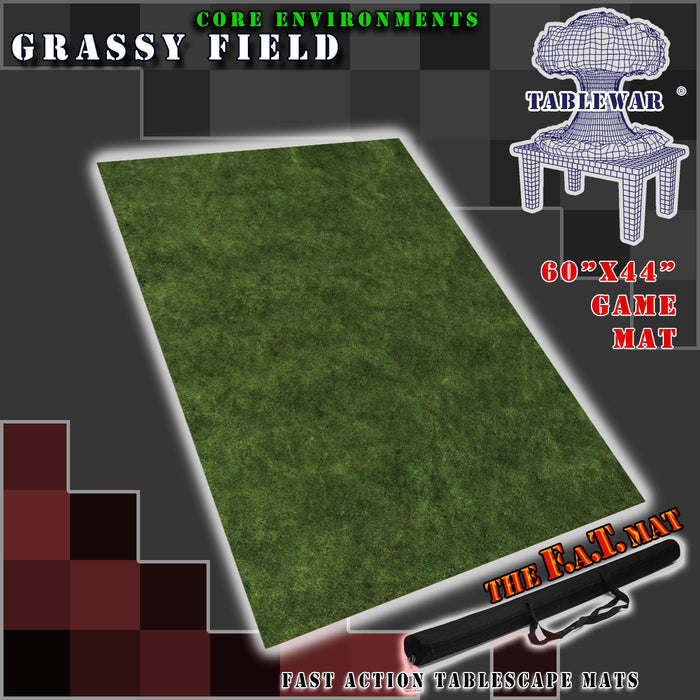 60x44 inch neoprene gaming mat with a Grassy Field theme, marketed for tabletop gaming, accompanied by a black canvas zipper bag
