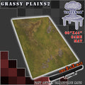 60x44 inch neoprene gaming mat with a Grassy Plains theme, marketed for tabletop gaming, accompanied by a black canvas zipper bag