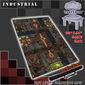 60x44 inch neoprene  gaming mat with a Industrial City theme, marketed for tabletop gaming, accompanied by a black canvas zipper bag