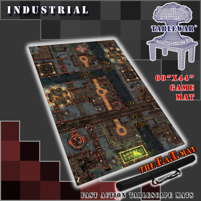 60x44 inch neoprene  gaming mat with a Industrial City theme, marketed for tabletop gaming, accompanied by a black canvas zipper bag