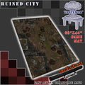 60x44 inch neoprene gaming mat with a Ruined city Urban theme, marketed for tabletop gaming, accompanied by a black canvas zipper bag