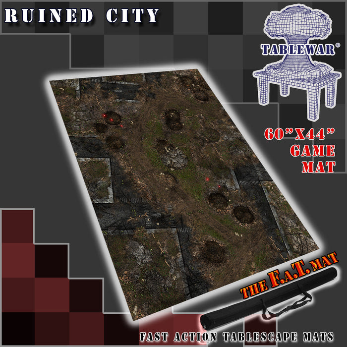 60x44 inch neoprene gaming mat with a Ruined city Urban theme, marketed for tabletop gaming, accompanied by a black canvas zipper bag