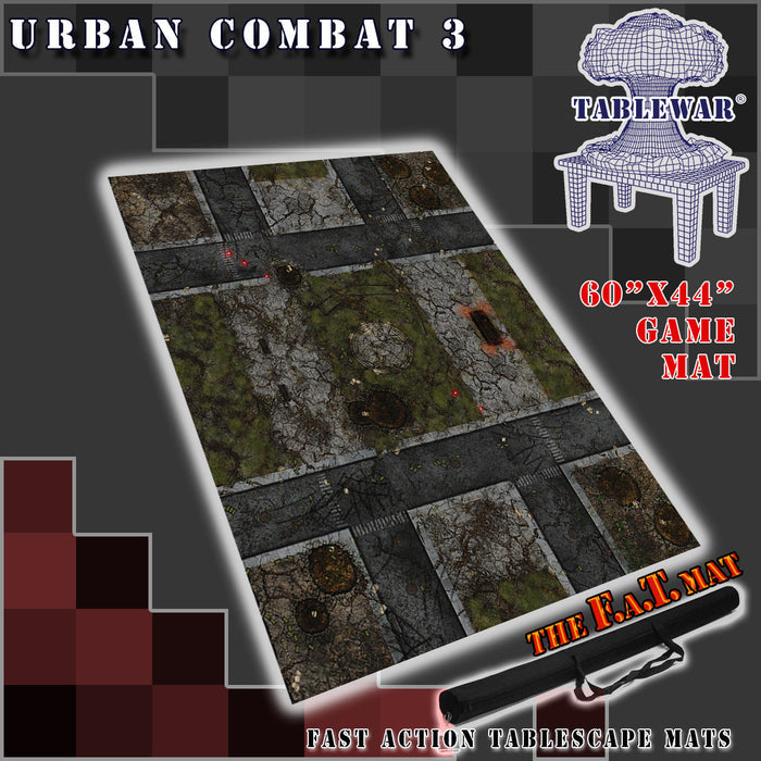 60x44 inch neoprene gaming mat with a Urban Combat City theme, marketed for tabletop gaming, accompanied by a black canvas zipper bag