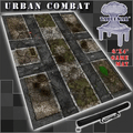 60x44 inch neoprene gaming mat with an Urban Combat theme, marketed for tabletop gaming, accompanied by a black canvas zipper bag