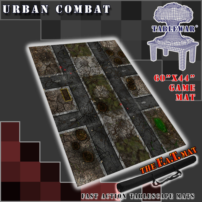 60x44 inch neoprene gaming mat with an Urban Combat theme, marketed for tabletop gaming, accompanied by a black canvas zipper bag