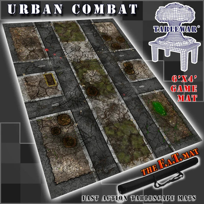 60x44 inch neoprene gaming mat with an Urban Combat theme, marketed for tabletop gaming, accompanied by a black canvas zipper bag