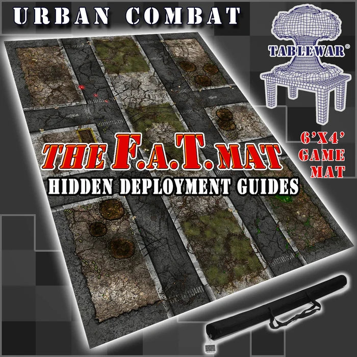 60x44 inch neoprene gaming mat with an Urban Combat theme, marketed for tabletop gaming, accompanied by a black canvas zipper bag