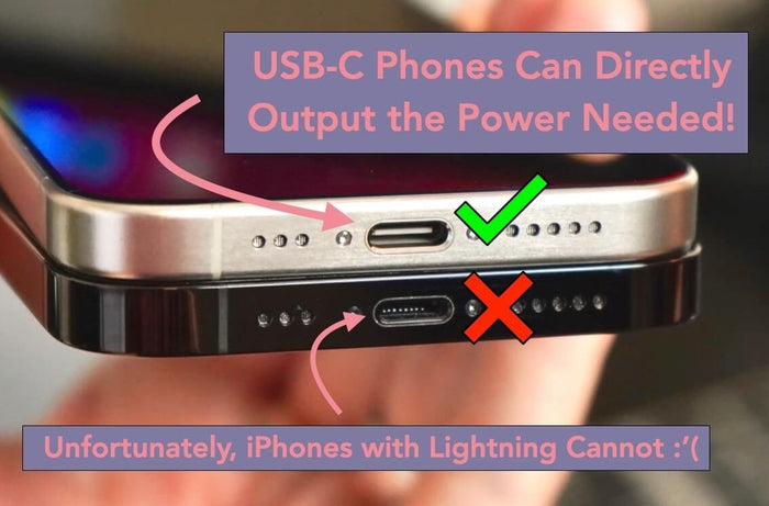 Alpenblow Micro Inflator – USB-C phone charging port comparison, showing compatible vs incompatible Lightning port