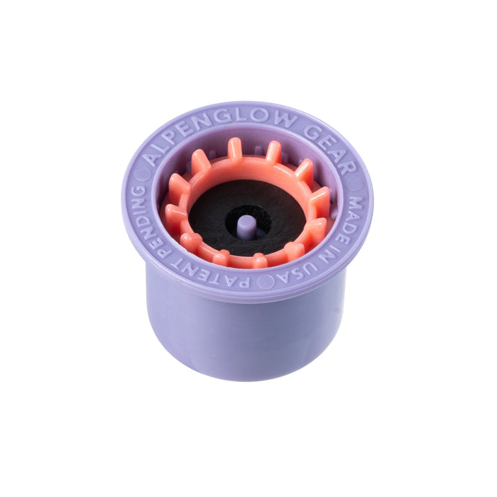 AlpenFlow Fuel Transfer Valve, angled top view with Alpenglow Gear branding
