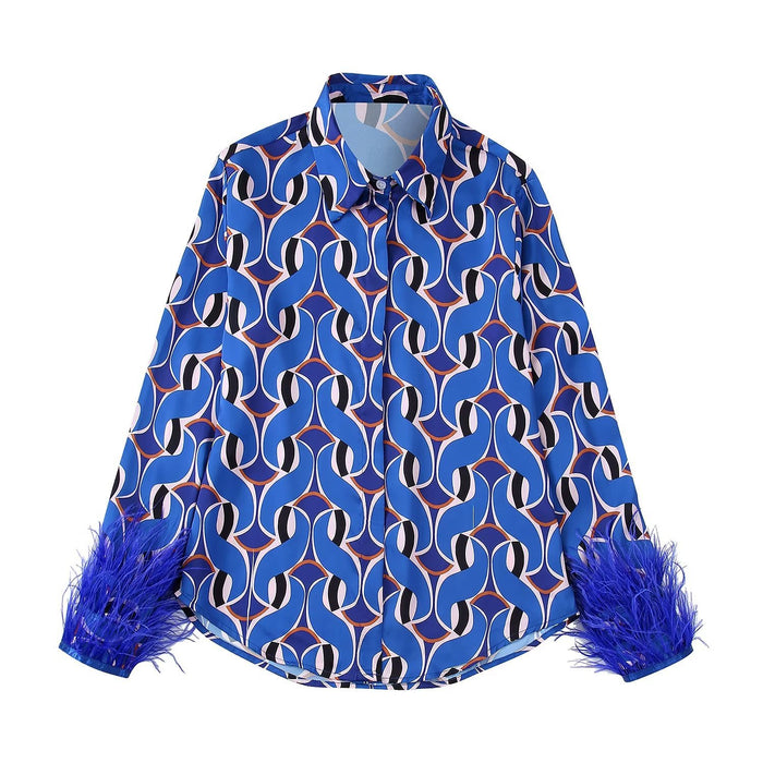 Autumn New Fashion Retro Style Lapel Blue Printing Wool Cuff Shirt Women - Livefree