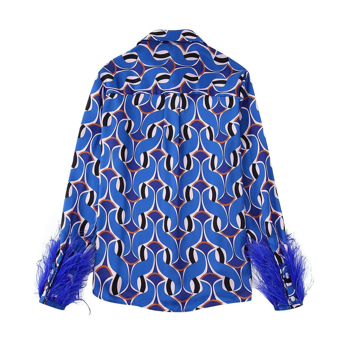 Autumn New Fashion Retro Style Lapel Blue Printing Wool Cuff Shirt Women - Livefree