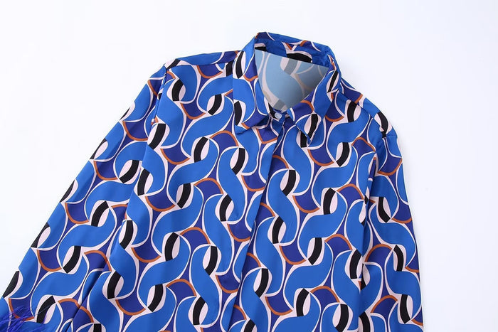 Autumn New Fashion Retro Style Lapel Blue Printing Wool Cuff Shirt Women - Livefree