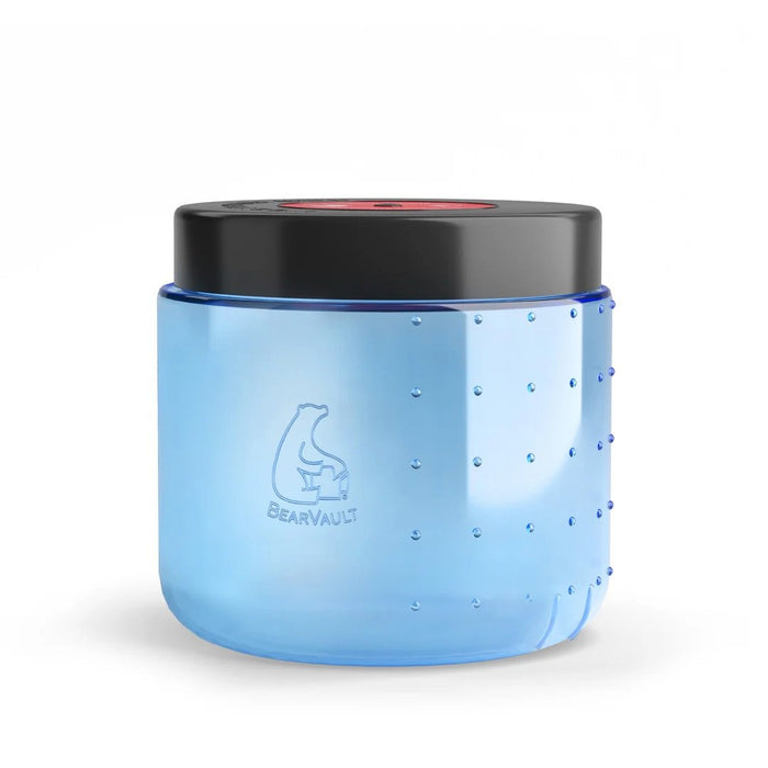 BearVault BV450-Jaunt bear-resistant food canister, clear blue polycarbonate – side studio view