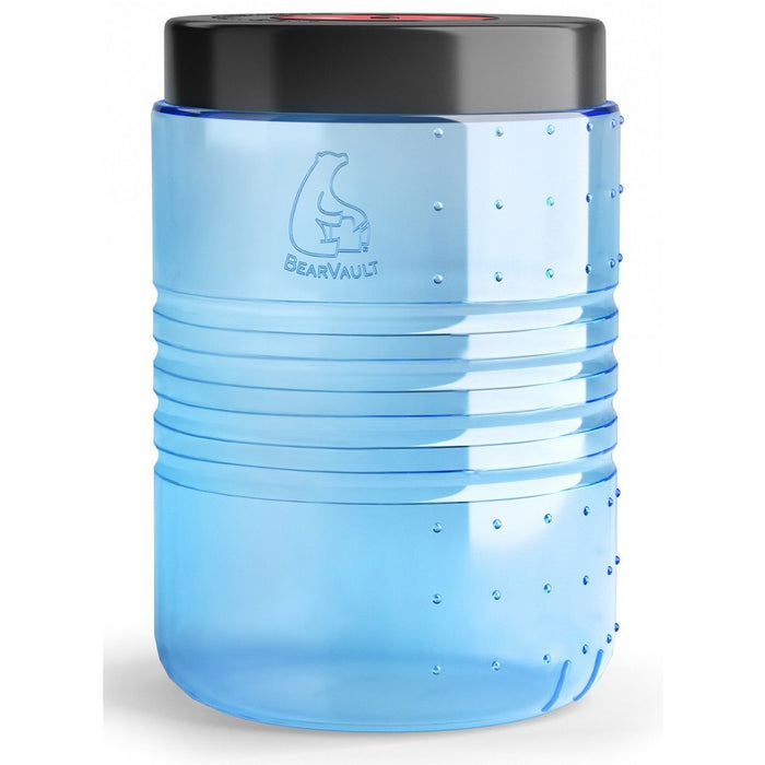 BearVault BV500-Journey bear-resistant food canister, clear blue polycarbonate – side studio view