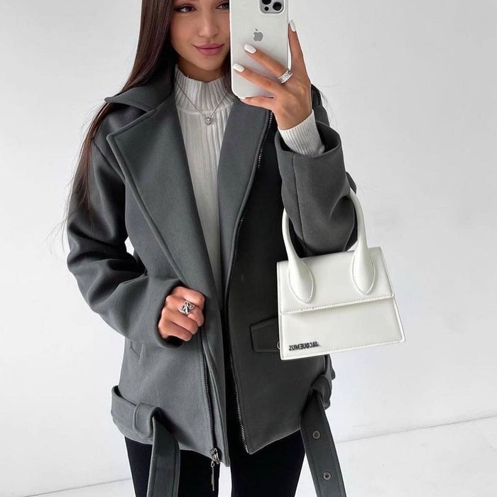 Belt Lapel Long-sleeved Woolen Coat - Livefree