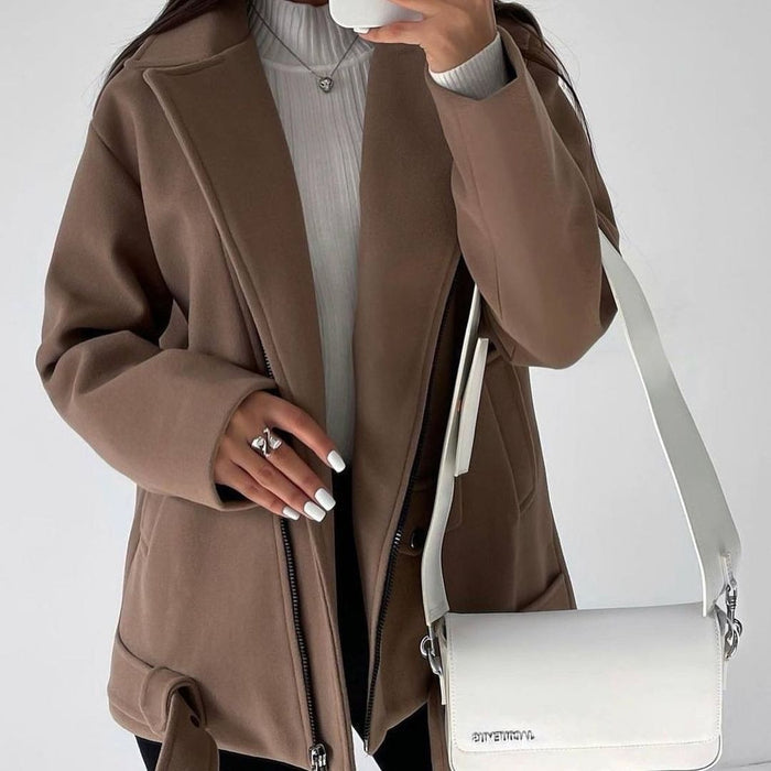 Belt Lapel Long-sleeved Woolen Coat - Livefree