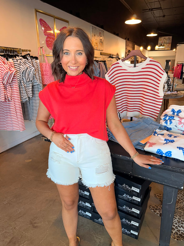 Bright Red Sleeveless Mockneck