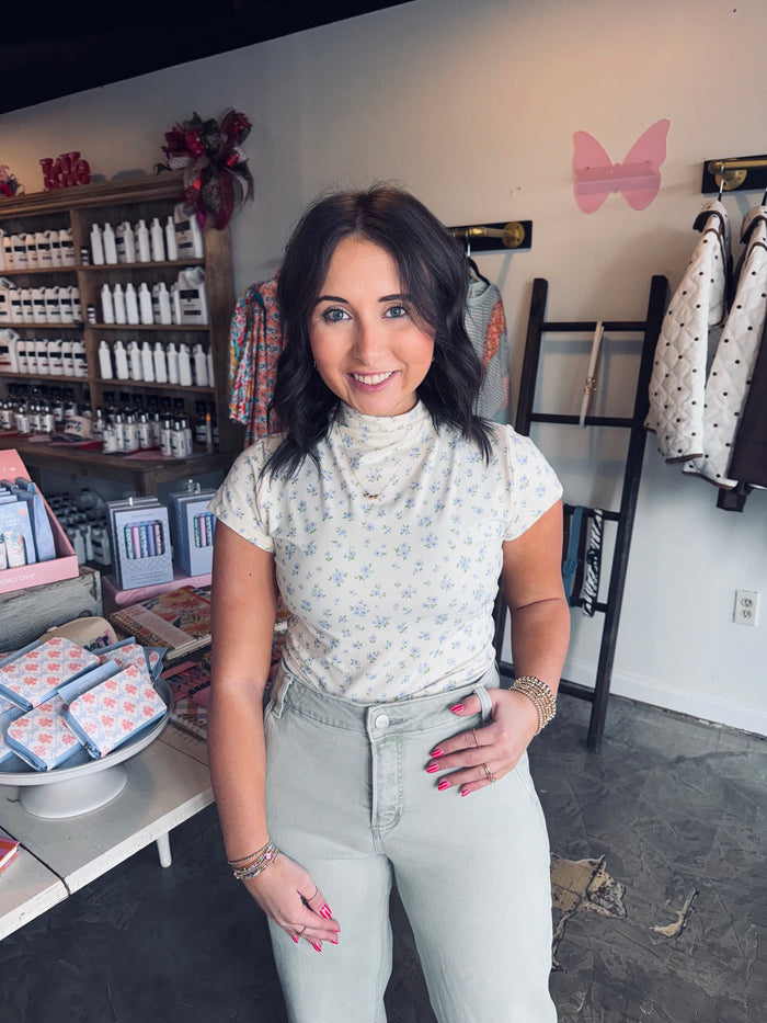 Cap Sleeve Floral Mock Neck