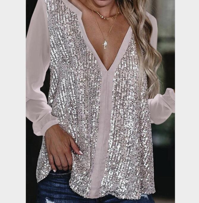 Casual sequined V-neck long-sleeved loose chiffon shirt for women - Livefree