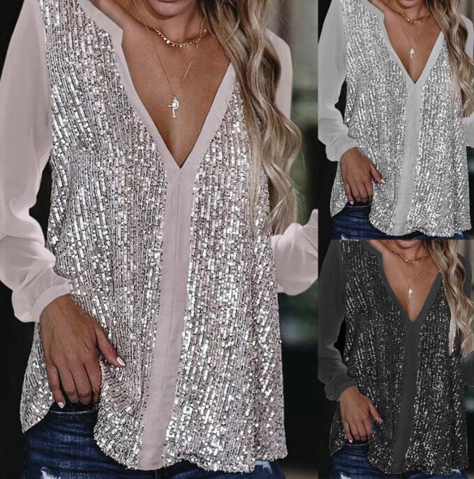 Casual sequined V-neck long-sleeved loose chiffon shirt for women - Livefree