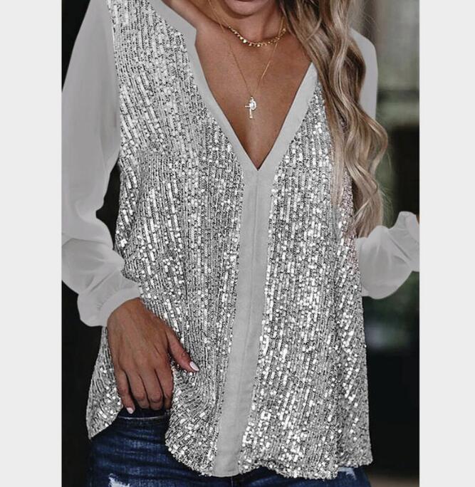Casual sequined V-neck long-sleeved loose chiffon shirt for women - Livefree