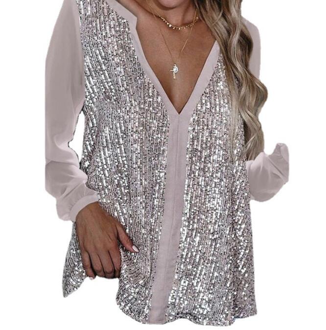 Casual sequined V-neck long-sleeved loose chiffon shirt for women - Livefree