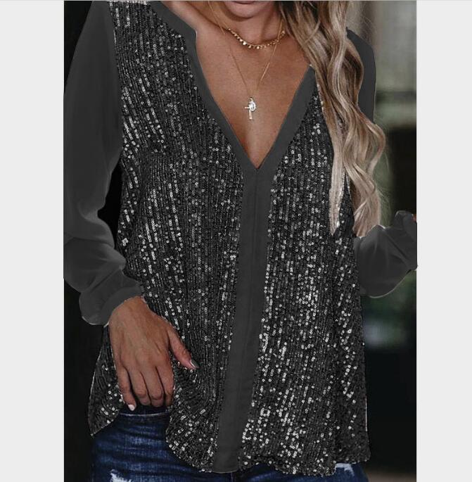 Casual sequined V-neck long-sleeved loose chiffon shirt for women - Livefree
