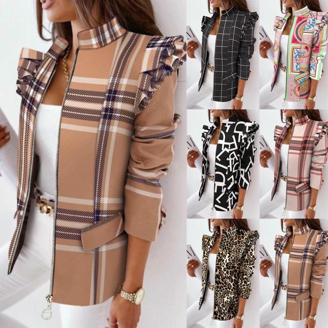 Check Leopard Print Zip Ruffle Shoulder Jacket - Livefree