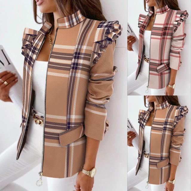 Check Leopard Print Zip Ruffle Shoulder Jacket - Livefree
