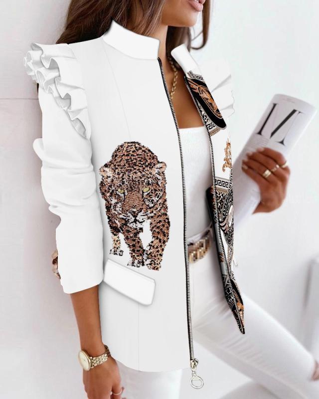 Check Leopard Print Zip Ruffle Shoulder Jacket - Livefree