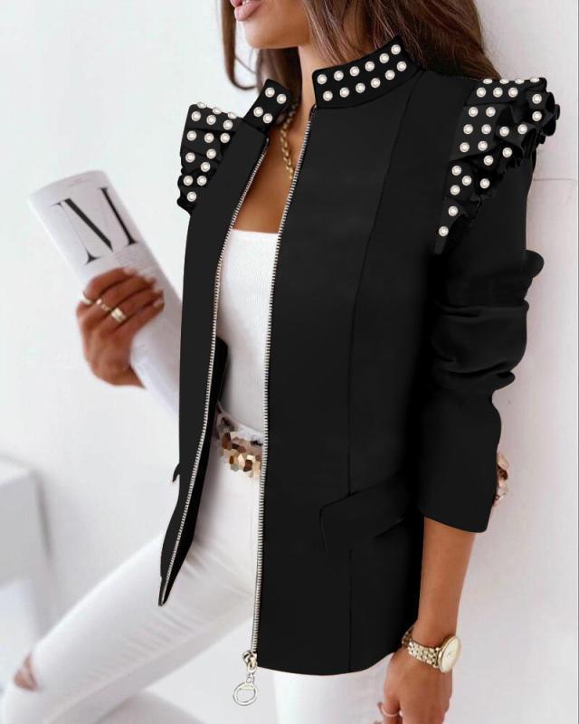 Check Leopard Print Zip Ruffle Shoulder Jacket - Livefree