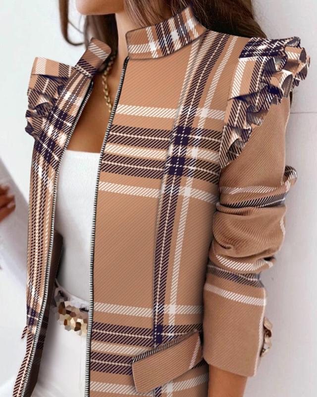 Check Leopard Print Zip Ruffle Shoulder Jacket - Livefree