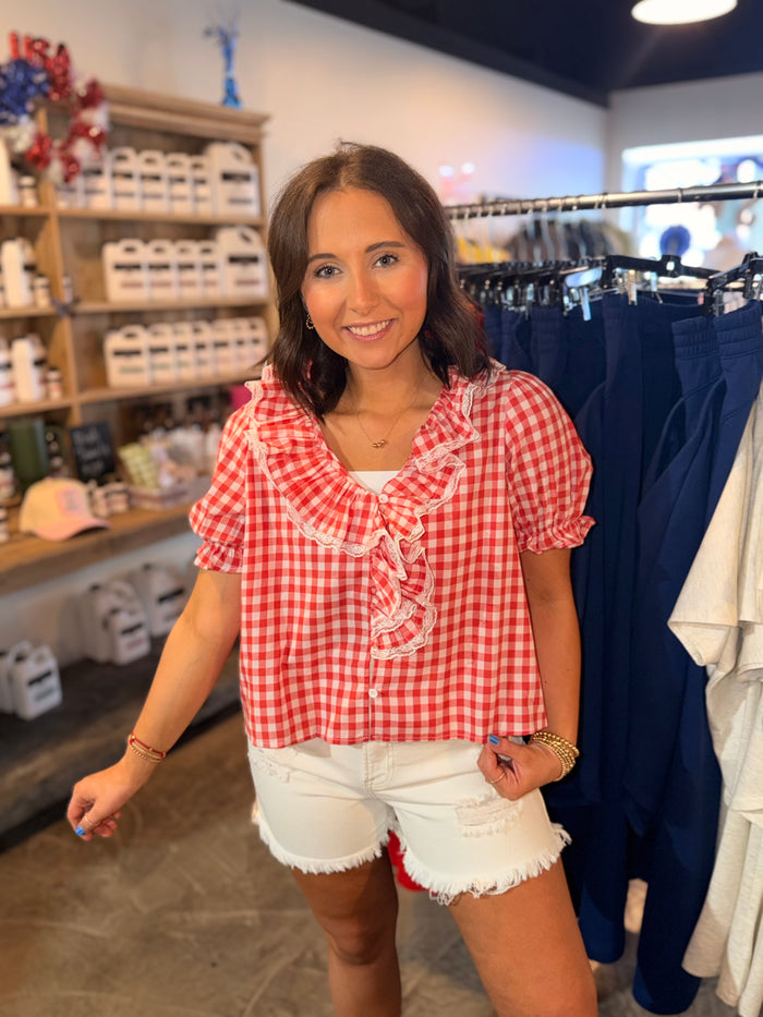 Checkered Lace Puff Blouse