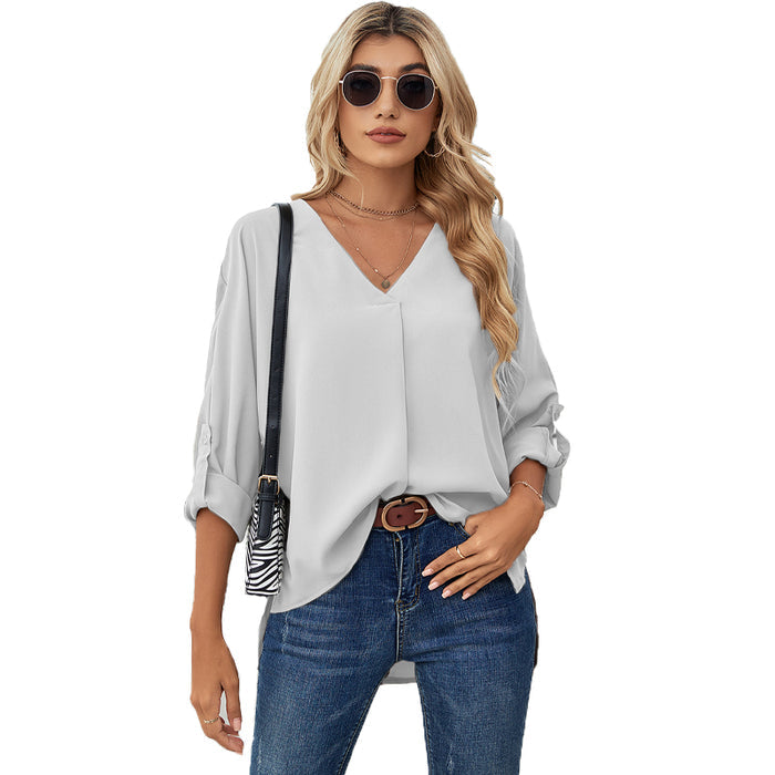 Chiffon Shirt Spring Summer Sexy V-Neck Loose Large Size Shirt Fashion Long Sleeve Top - Livefree
