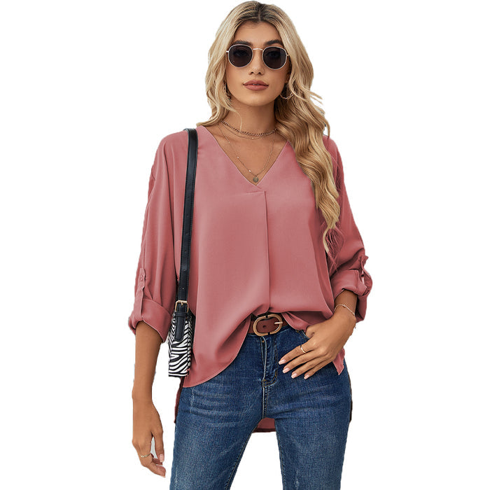 Chiffon Shirt Spring Summer Sexy V-Neck Loose Large Size Shirt Fashion Long Sleeve Top - Livefree