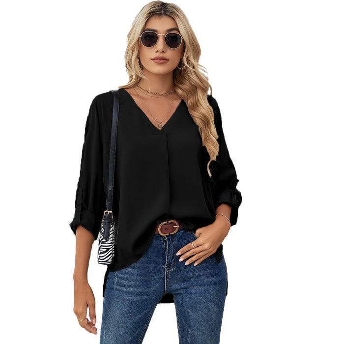 Chiffon Shirt Spring Summer Sexy V-Neck Loose Large Size Shirt Fashion Long Sleeve Top - Livefree