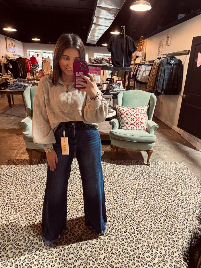Dark Long Wide Frayed Risen Jean