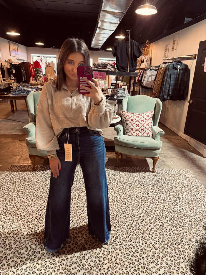 Dark Long Wide Frayed Risen Jean