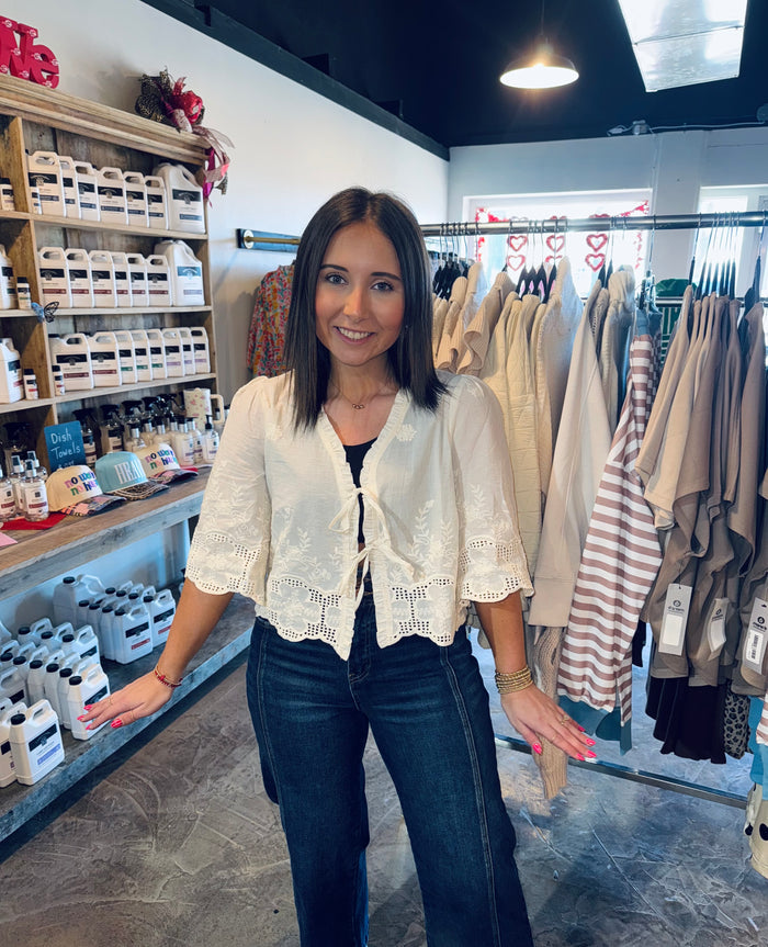 Embroidered Tie Blouse
