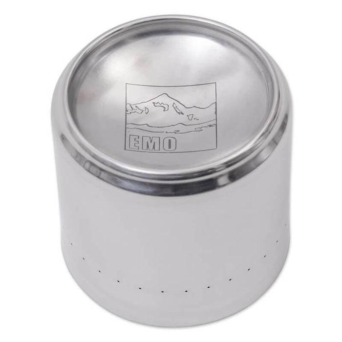 EMO Outdoor alcohol stove – burner assembled inside the sleeve, studio side view