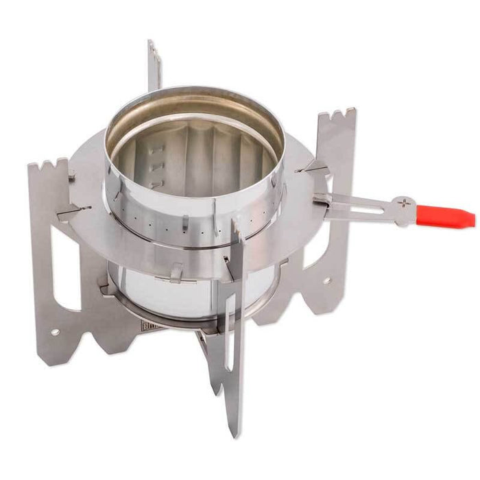 EMO Outdoor ORIGAMI stand – titanium pot stand with burner and red regulator handle, studio view
