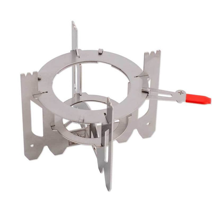 EMO Outdoor ORIGAMI stand – assembled stand with red regulator handle, studio side view