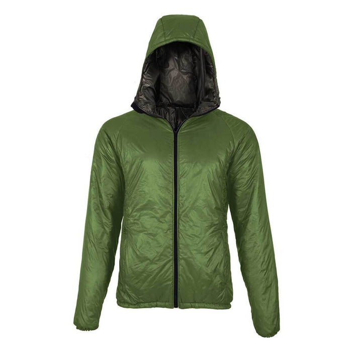Enlightened Equipment Torrid Apex Jacket Men's in green – front studio view, hood up