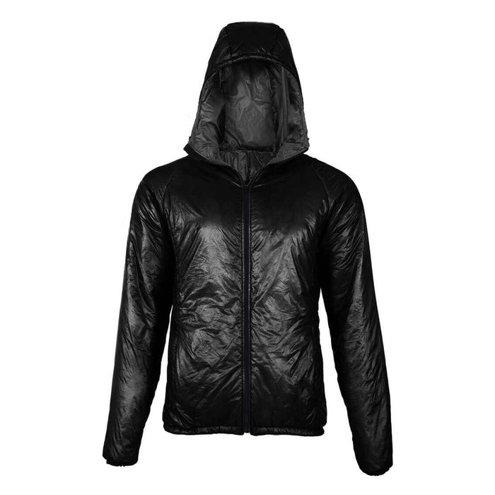 Enlightened Equipment Torrid Apex Jacket Men's in black – front studio view, hood up