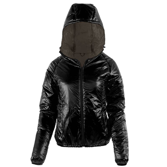 Enlightened Equipment Torrid Apex Jacket Women's in black – front studio view, hood up