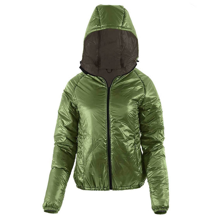 Enlightened Equipment Torrid Apex Jacket Women's in green – front studio view, hood up
