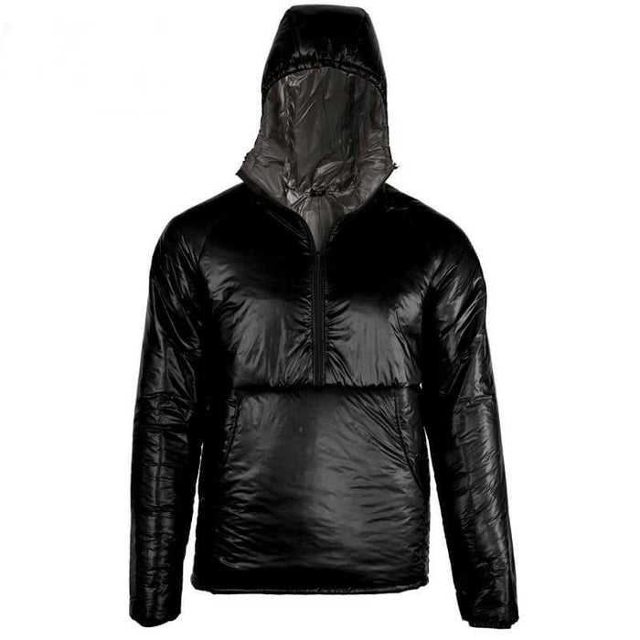 Enlightened Equipment Torrid Apex Pullover Men's in black – front studio view, hood up