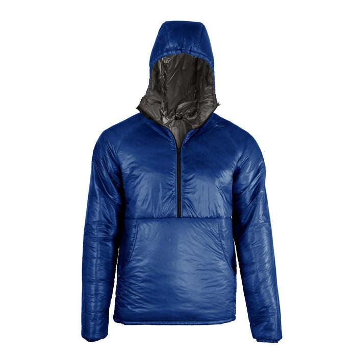 Enlightened Equipment Torrid Apex Pullover Men's in navy blue – front studio view, hood up