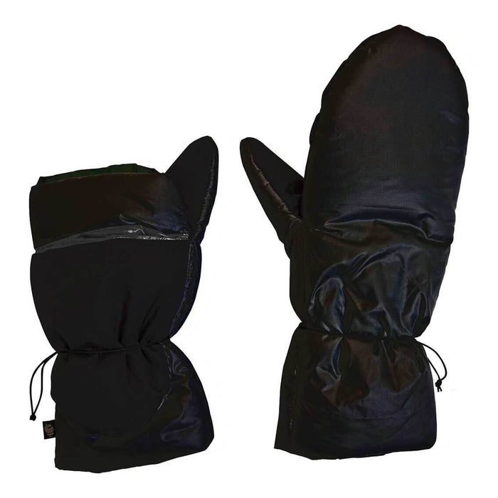 Enlightened Equipment Torrid Mitts in black – pair, angled view with cuff drawcords